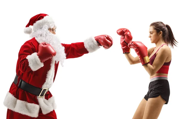 Perfil Del Boxeo Santa Claus Con Una Joven Aislada Sobre —  Fotos de Stock
