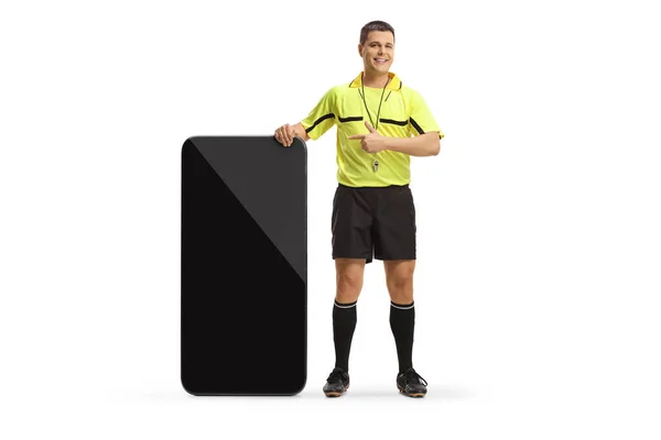 Full Length Portrait Football Referee Standing Next Big Mobile Phone — Stock Photo, Image