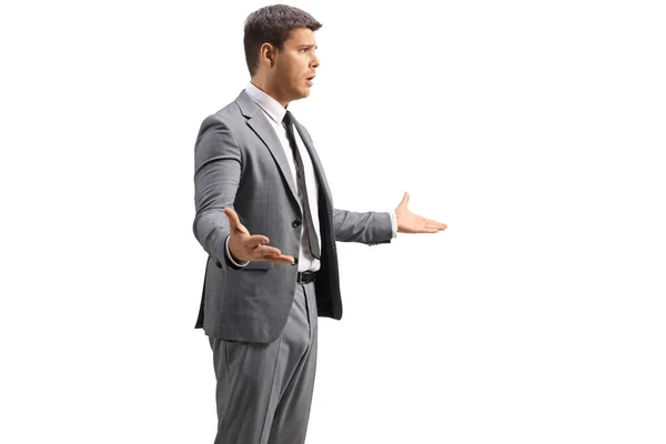 Irritated Man Gray Suit Gesturing Hands Isolated White Background — Stock Photo, Image
