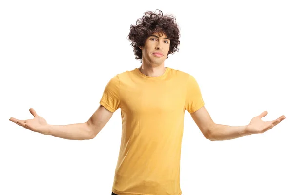 Unsure Young Man Holding Gesturing Hands Isolated White Background — Stock Photo, Image