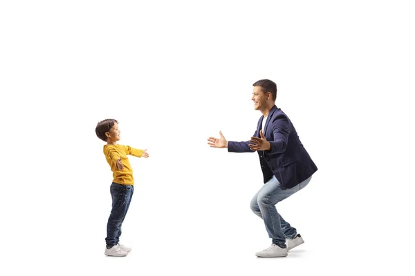 Happy Father Waiting Hug His Son Isolated White Background — Stock Photo, Image