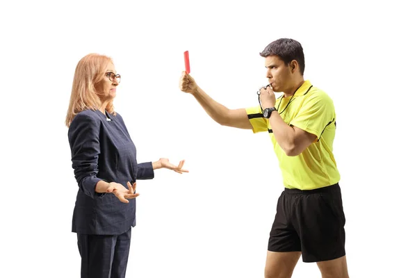 Football Referee Blowing Whistle Showing Red Card Businesswoman Isolated White — Stock Photo, Image