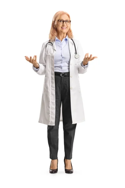 Full Length Portrait Female Doctor Gesturing Hands Isolated White Background — Stock Photo, Image
