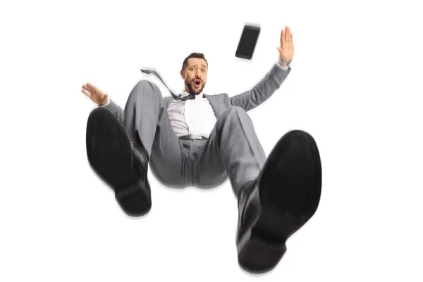Professionell Man Med Mobiltelefon Faller Isolerad Vit Bakgrund — Stockfoto