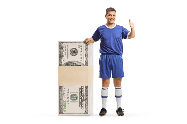Homem Camisola Esportiva Com Uma Pilha Dinheiro Gesticulando Polegares Isolados — Fotografia de Stock