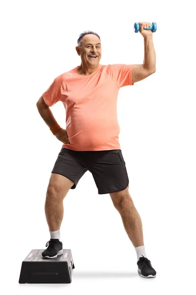 Full Length Portrait Mature Man Exercising Step Aerobic Small Weight — Stock Photo, Image