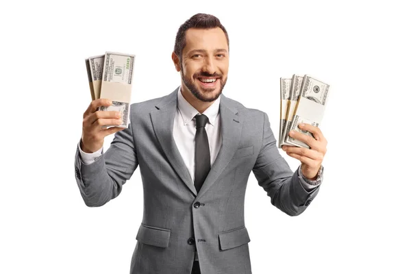 Jonge Succesvolle Zakenman Die Geld Vasthoudt Glimlacht Geïsoleerd Witte Achtergrond — Stockfoto