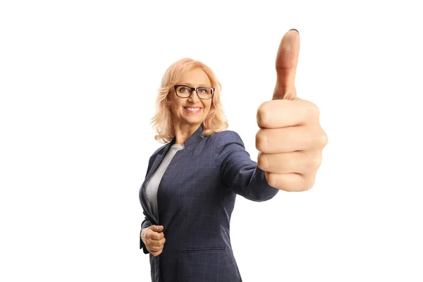 Mature Woman Gesturing Thumbs Isolated White Background — Stock Photo, Image