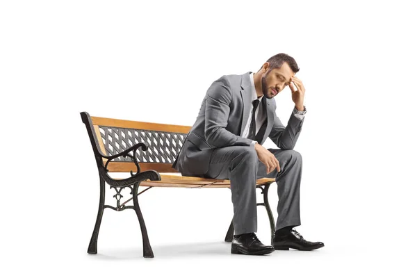 Sad Businessman Sitting Bench Holding His Head Isolated White Background — Stock Photo, Image