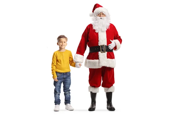 Full Length Portrait Santa Claus Holding Hands Boy Isolated White — Stock Photo, Image
