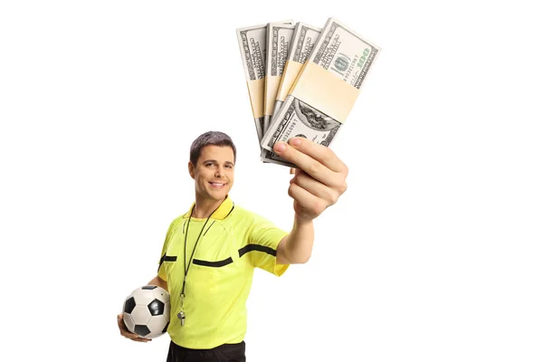 Fußball Schiedsrichter Hält Ball Und Geld Isoliert Auf Weißem Hintergrund — Stockfoto