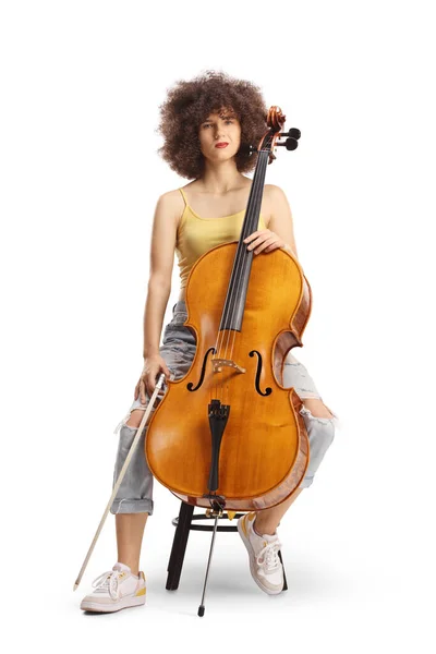 Trendig Kvinnlig Konstnär Med Cello Isolerad Vit Bakgrund — Stockfoto