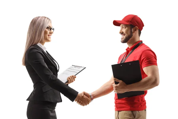Delivery Man Shaking Hand Businesswoman Isolated White Background — Stock Photo, Image