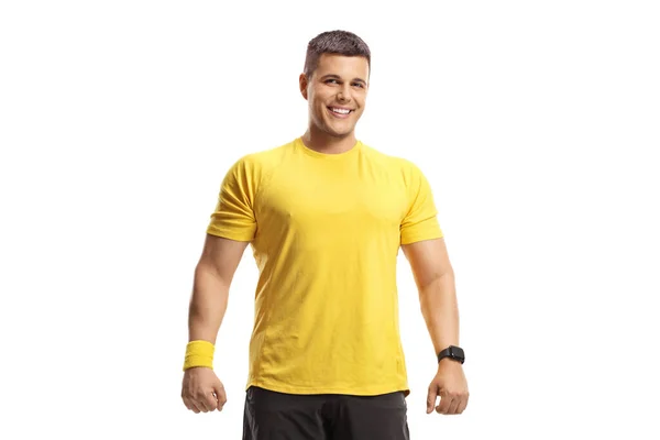Joven Una Camiseta Deportiva Amarilla Sonriendo Cámara Aislada Sobre Fondo —  Fotos de Stock