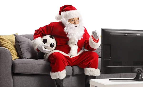 Santa Claus Oglądania Piłki Nożnej Telewizji Doping Izolowane Białym Tle — Zdjęcie stockowe