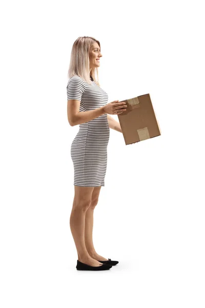 Full Length Profile Shot Young Woman Holding Cardboard Box Isolated — Stock Photo, Image