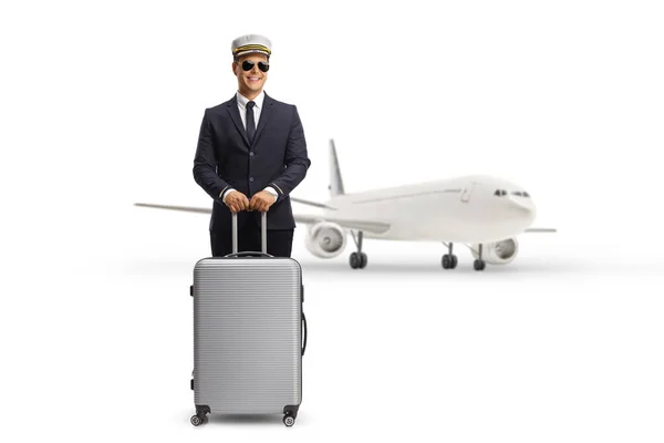 Parked Aiprlane Και Ένας Πιλότος Στέκεται Μια Βαλίτσα Απομονωμένη Λευκό — Φωτογραφία Αρχείου