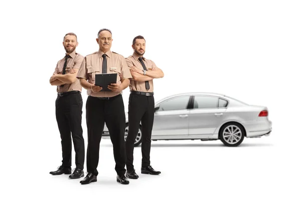 Security Officers Standing Front Car Isolated White Background — Stock Photo, Image