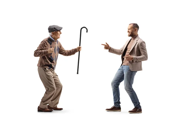 Полнометражный Снимок Танцующего Пожилого Молодого Человека Белом Фоне — стоковое фото
