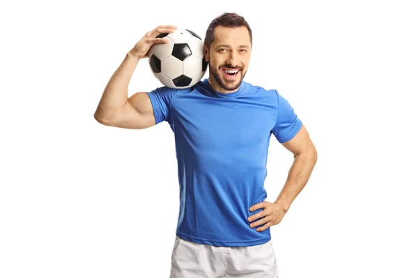 Fotball Jogador Segurando Uma Bola Seu Ombro Isolado Fundo Branco — Fotografia de Stock