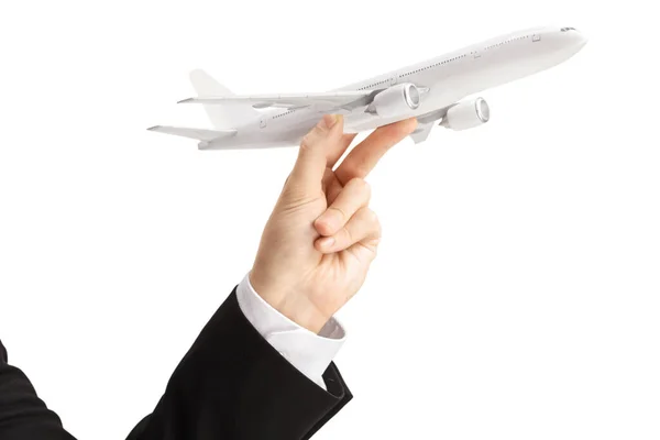 Male Hand Holding Model Airplane Isolated White Background — Stock Photo, Image