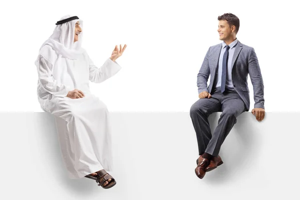 Arab Man Ethnic Robe Sitting Blank Panel Talking Young Professional — Stock Photo, Image