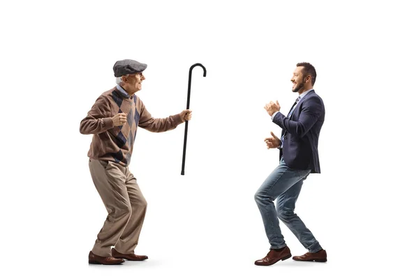 Full Length Profile Shot Elderly Father Dancing His Son Isolated — Stock Photo, Image