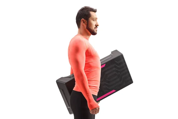 Mann Sportbekleidung Mit Step Aerobic Plattform Auf Weißem Hintergrund — Stockfoto