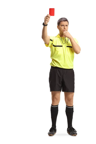 Full Length Portrait Football Referee Blowing Whistle Showing Red Card — Stock Photo, Image
