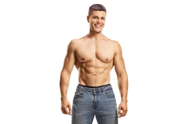 Muscular Shirtless Guy Wearing Jeans Looking Camera Isolated White Background — Stock Photo, Image