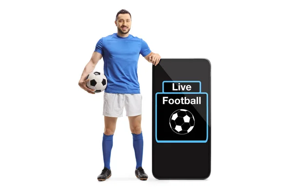 Retrato Completo Jugador Fútbol Pie Junto Gran Smartphone Con Texto —  Fotos de Stock