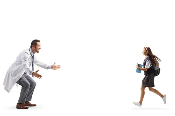 Schoolgirl Running Male Doctor Isolated White Background — Stock Photo, Image