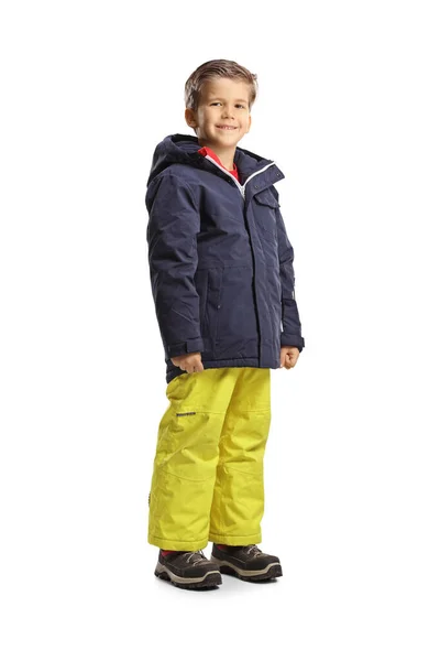 Full Length Portrait Boy Wearing Waterproof Winter Clothes Solated White — Stock Photo, Image
