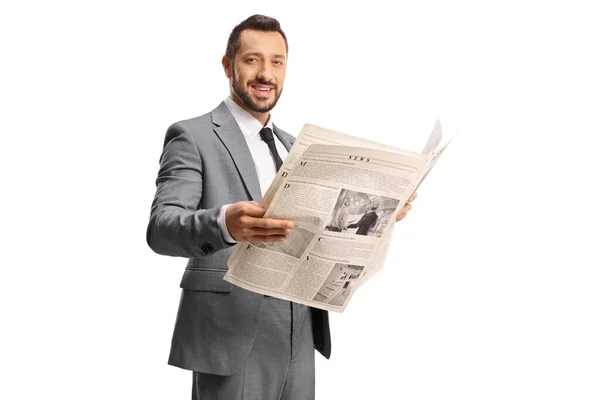 Businessman Grey Suit Holding Newspaper Looking Camera Isolated White Background — Stock Photo, Image