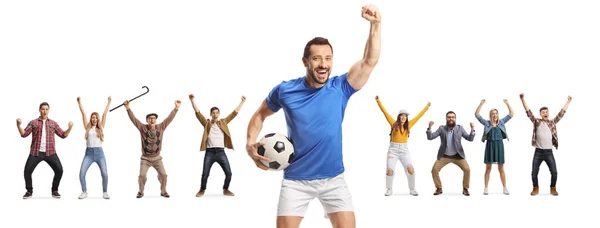 Football Player Ball Group People Cheering Back Isolated White Background — Stock Photo, Image