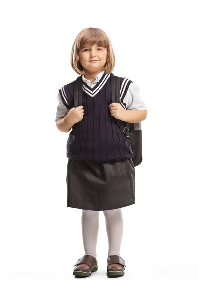 Kleines Mädchen Schuluniform Mit Einem Rucksack Auf Weißem Hintergrund — Stockfoto