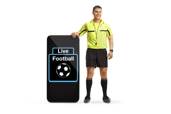 Full Length Portrait Referee Standing Next Big Smartphone Text Live — Stock Photo, Image