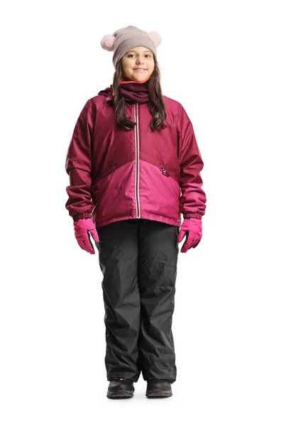 Full Length Portrait Girl Wearing Waterproof Winter Clothes Isolated White — Stock Photo, Image