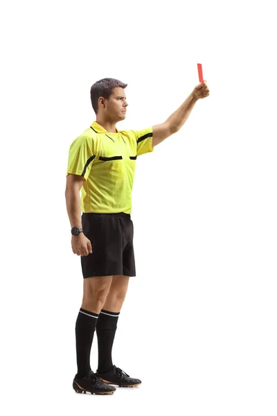 Volledige Profielopname Van Een Voetbalscheidsrechter Met Een Rode Kaart Witte — Stockfoto