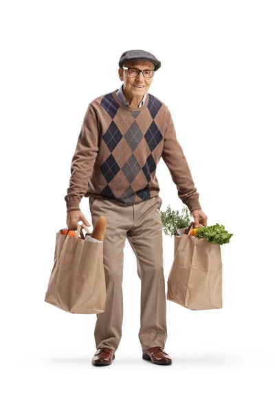 Moe Oudere Man Met Twee Boodschappentassen Geïsoleerd Witte Achtergrond — Stockfoto