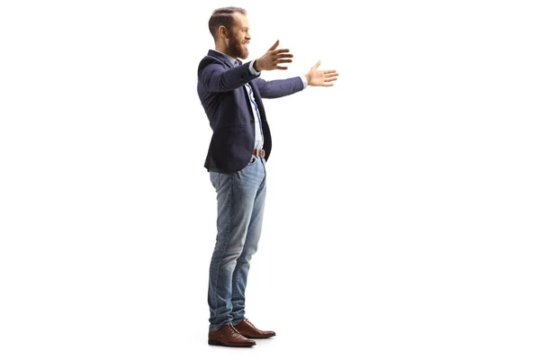 Full Length Profile Shot Man Waiting Arms Wide Open Isolated — Stockfoto
