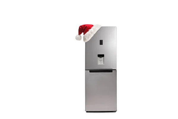 Холодильник Шляпой Санта Клауса Изолирован Белом Фоне — стоковое фото