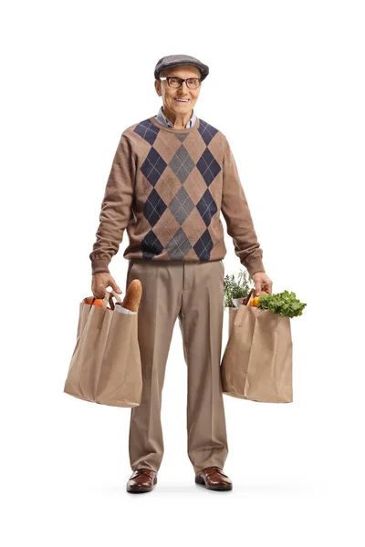 Ganzkörperporträt Eines Älteren Mannes Mit Zwei Einkaufstaschen Auf Weißem Hintergrund — Stockfoto