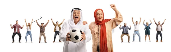 Young Woman Mature Arab Man Ethnic Clothes Holding Football Cheering — Stock Photo, Image