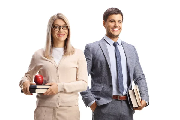 Smiling Male Female Teacher Holding Books Isolated White Background — Stock Photo, Image