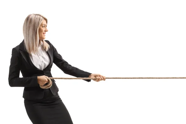Profile Shot Young Businesswoman Pulling Rope Isolated White Background — Stock Photo, Image