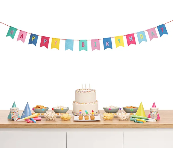 Pasta Beyaz Arka Planda Izole Edilmiş Renkli Bayraklarla Doğum Günü — Stok fotoğraf