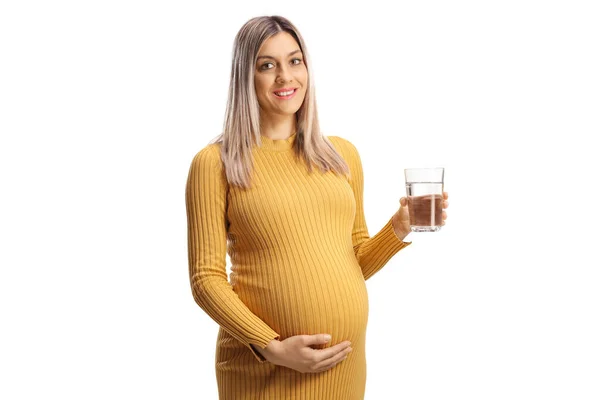 Těhotná Žena Drží Sklenici Vody Izolované Bílém Pozadí — Stock fotografie