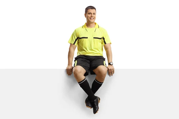 Full Length Portrait Football Referee Sitting Blank Panel Isolated White — Stock Photo, Image