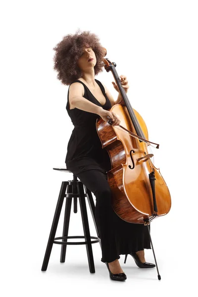 Woman Black Dress Sitting Chair Playing Cello Isolated White Background — Zdjęcie stockowe